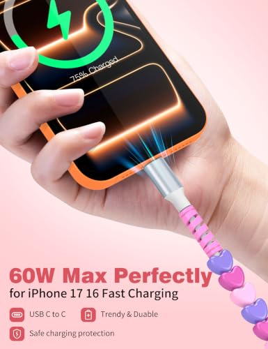 Image of USB C to USB C Cable 3FT,60W Fast Charging Beaded Charger Cord for iPhone 17 16 Pro Max 15 /iPad Pro 11th Air for Samsung S26 S25 S24 A16 A17 /Android Phone Charger Cute Girls Women,PurplePink-Hearts