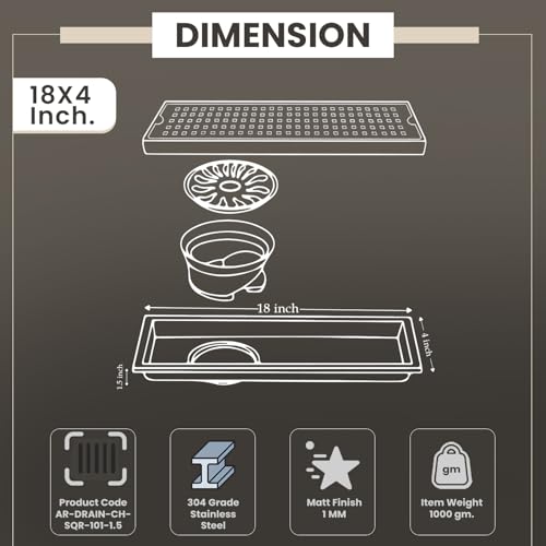 Image of EVANEX Linear Shower Drain Channel | 18x4 Inches Bathroom Drainer | Waste Water Linear Floor Drain Channel | 304 Stainless Steel Bathroom Drainer with Anti Cockroach Trap | Bathroom Jali
