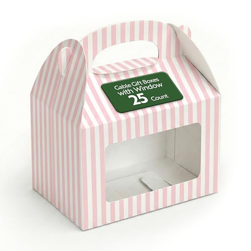 Bio Tek 8.5 x 4.8 x 5.5 Inch Gable Boxes For Party Favors, 25 Attractive Gift Boxes - Striped Design, With Clear PET Window, Pink And White Paper Barn Boxes, Built-In Handle