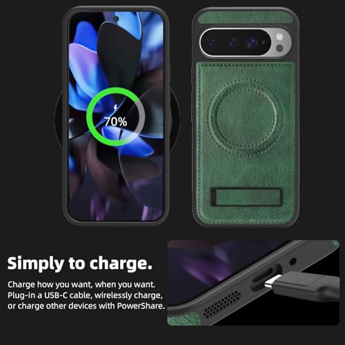 Image of Lunivop for Google Pixel 9 Pro XL Case Leather [Compatible with Magsafe Wireless Charging] Magnetic Cover Stand Funda para Google Pixel 9 Pro XL 6.8 '' 5G 2025 Rugged Best Phone Cases Green