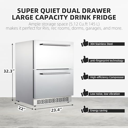 Garvee 24 in Undercounter Refrigerators with Weatherproof Full Stainless Steel Body, Built-in Beverage Refrigerator for Home and Commercial Use, Stainless Steel Door, Fast Cooling, Low Noise, 37-65 °F
