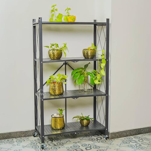 Image of Wooden Street Crisscross 4-Layer Foldable Storage Trolley with Wheels | Multipurpose Metal Rack for Home | Premium Rolling Cart Stand for Spices, Crockery & Planters | Durable & Space-Saving | Black