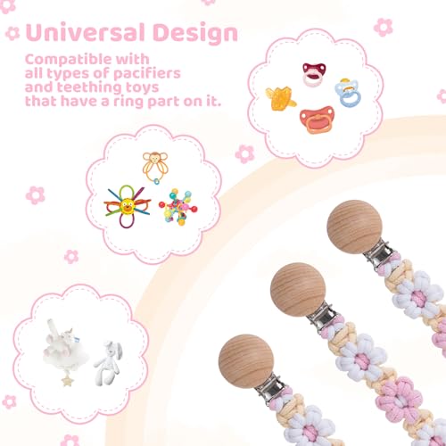 Image of Pacifier Clip for Boys Girls Floral Daisy Macrame Baby Paci Clip Pacifier Holder Leash Boho Wooden Clips Handmade Braided Cotton Binky Clips (2pack:Pink Daisy & Lavender Style B)
