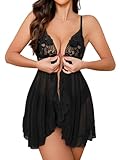 Foxiny Sexy Open Front V Neck Ruffle Sheer Mesh Lace Wireless Babydoll Lingerie Dress with Thong 2 Piece Women See Through Panty Set Chemise Negligee Hook Black Medium