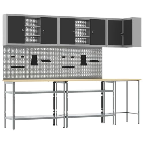 vidaXL Juego de mesa de taller industrial de altura ajustable con armarios de metal y tablero para garaje, construcción duradera de acero y madera, banco de trabajo, solución de almacenamiento,