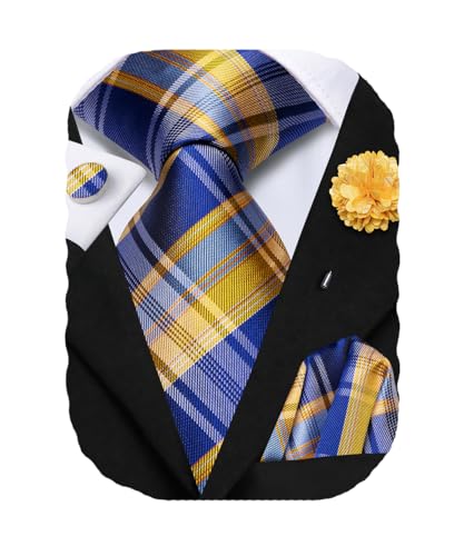 Image of Hi-Tie Men's Silk Ties Formal Woven Classic Necktie Pocket Square Cufflinks Lapel Pin Set Wedding Business