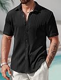 VOGSTART Men's Stretchy Shirt Trendy Top Textured Summer Short Sleeve Casual Button Down Shirt Black XXL