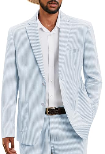 WEEN CHARM Mens Seersucker Suit 2 Piece Pinstripe Lightweight Suits for Summer Beach Wedding Kentucky Derby Outfit Formal Party