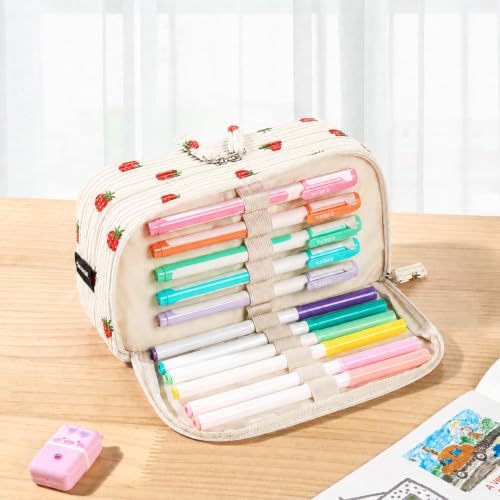 Image of Sooez Big Capacity Pencil Case Pen Pouch, Soft Corduroy Pencil Bag with 3 Compartment, Multiple Pockets, Sturdy Zipper, Cute School Supplies Pen Bag Organizer For Teen Girls-Strawberry