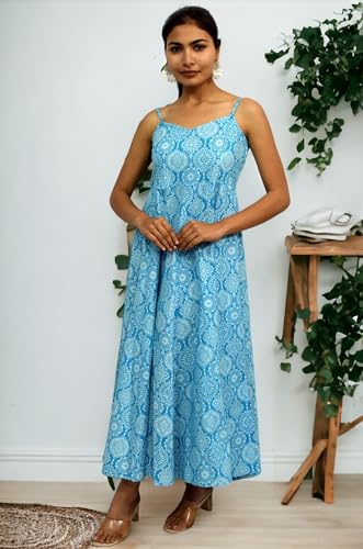 Image of JAIPUR HAND BLOCK Cotton Sleeveless Long Flared A Line Dress|Gown (S00063)