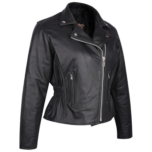 Braided Women's Leather Motorcycle Jacket, Studded, Black Asymmetrical Style with Zipout Liner (Large)