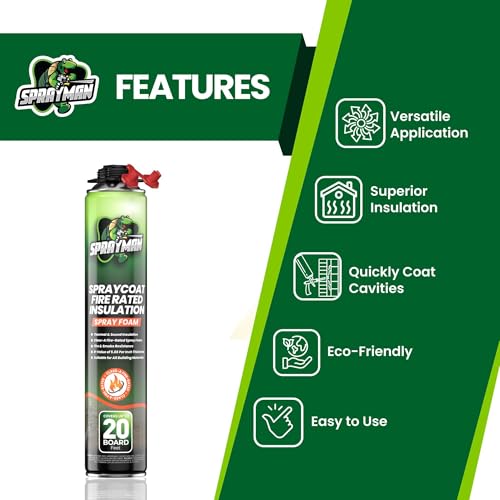 Sprayman Spraycoat Fire Rated Spray Foam Insulation 240 Sq.Ft - R-Value (11.32 / 2in) Closed Cell Polyurethane Foam Sealant for Heat & Noise Insulation - Gun & Cleaner NOT Included - 27.1 oz, 12 Pack