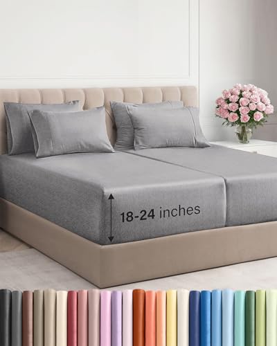 Image of Extra Deep Split King Sheet Set - 7 Piece Cooling Sheets - Heathered Grey | Hotel Luxury Bed Sheets Set, Easy & Secure Fit, Ultra-Soft, Wrinkle & Fade Free, Comfy Sheets Set with Extra Deep Pockets
