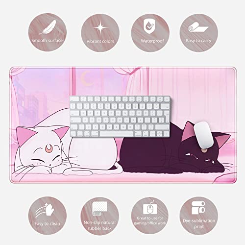Desk Pad Pink Anime White Cat Black Cat Gaming Mouse Pad Large, Desk Office Decor Exclusive Beautiful Girls Mouse Pad For Women Desktop With Stitched Edges Non-Slip Rubber Computer Mat 31.5X15.7 In #TOP5