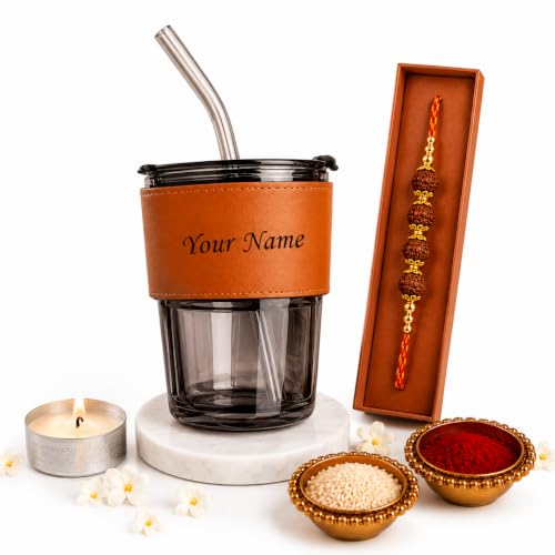 Image of Personalized Glass Tumbler with Straw & Rudraksha Rakhi Set | Custom Name Engraved Coffee Mug | Raksha Bandhan for Brother | Unique Rakhi Hamper | Personalized Present for