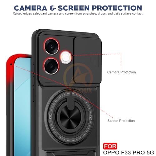Image of Oppo F33 Pro 5G Back Cover | Armor Camera Slider 360 Degree Rotating Finger Ring Holder Case with Bracket Stand Back Case Cover (Compatible with MagSafe Accessories) (Black)