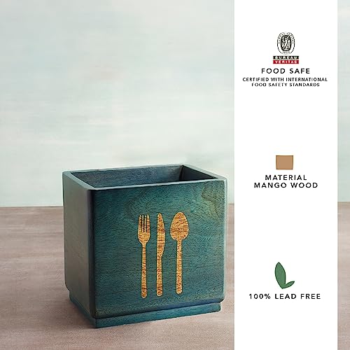 Image of Ellementry Blue Wood Utensil Holder| Spoon, Knife, Fork, Chopstick, Cutlery Holder /Organizer Stand for Kitchen & Dining Table| Multifunctional Spoon Stand | Handcrafted Table Organizer