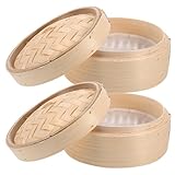 FELTECHELECTR 2pcs Bamboo Steamers Handmade Chinese Dim Sum Cookers with Cover for Healthy Cooking of Dumplings Rice Vegetables More Design
