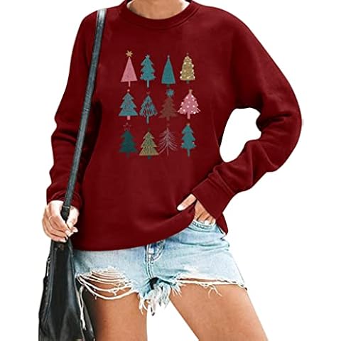 KIDDAD Merry Christmas Sweatshirt Women Christmas Trees Graphic Sweatshirt Top Xmas Holiday Pullover Top, Red, XXL Cover