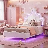 Générique Lit Enfant Rembourré 90x190 cm avec LED, Lits Double pour Fille, lit d'Adolescent avec Tête de Bed Réglable en Hauteur Princesse Couronne et Sommier à Lattes, Blanc