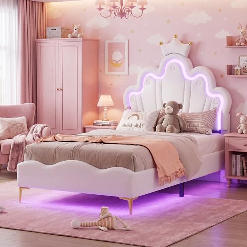 Générique Lit Enfant Rembourré 140x190 cm avec LED pour Fille Adolescent- Tête de Lit Réglable en Hauteur, Sommier à Lattes, Design Couronne de Princesse...