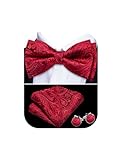 Barry.Wang Mens Red Bow Tie Paisley Silk Pre-Tied Bowtie Pocket Square Cufflinks Set Formal Wedding Prom Party Tuxedo