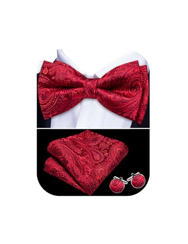 Barry.Wang Mens Red Bow Tie Paisley Silk Pre-Tied Bowtie Pocket Square Cufflinks Set Formal Wedding Prom Party Tuxedo