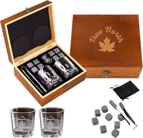 True North Whiskey Glasses, Stones Gift Set - for Special Occasions. Includes Tongs, Stones, Coasters and Rustic Vintage Box Finish. Father's Day Ready.
