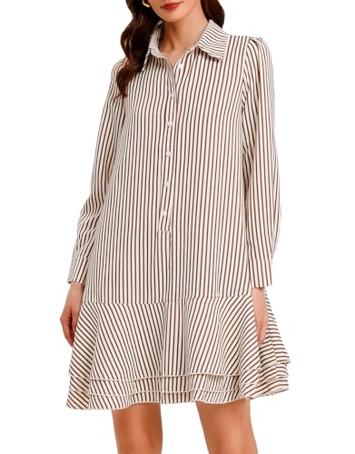 Ladyful Long Sleeve Striped Shirt Mini Dress for Women Button Down Ruffle Tiered Drop Waist Shift Tunic Short Dress