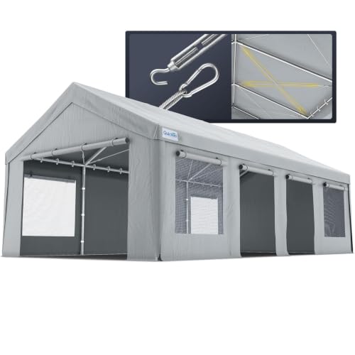 Quictent Heavy Duty 13x25 ft Carports with Side Zipper Doors & Snowproof Steel Cables & Ventilated Windows, Waterproof Storage Shelter for Car, Boat, RV, Outdoor Equipment, Gray