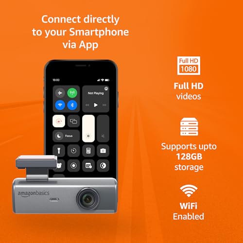 Image of Amazon Basics Car Dash Camera Full HD 1080p, 150 Wide Angle, F2.0 Aperture, Super-Capacitor, G-Sensor, WiFi, Parking Mode, Upto 128GB Supported