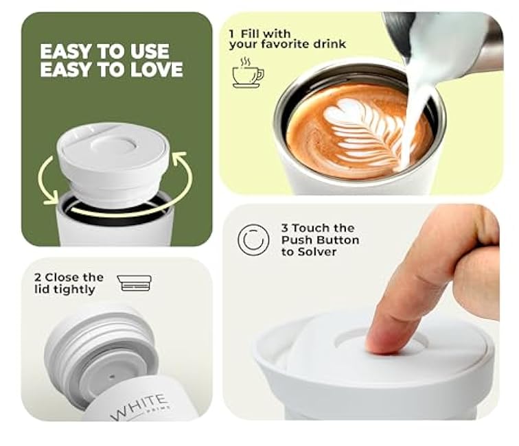 12 oz Insulated Coffee Mug with Push Button Lid | Stainless Steel Double Wall | Travel Coffee Cup for Hot & Cold Drinks | Modern Coffee Tumbler for Work, Commute & Outdoors