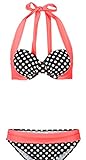 Bügel Bikini Neckholder schwarz mit weißen Pünktchen Kontrastfarbe in orange in Cup B