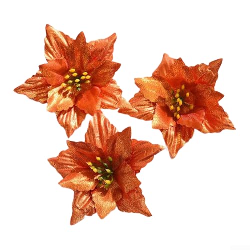 CYRENT Christmas Tree Decorations Pack of 10 Artificial Flower Baubles Glitter Ornaments for Wreaths Parties Home Seasonal Decor Cloth Plastic 12.5cm(Orange)