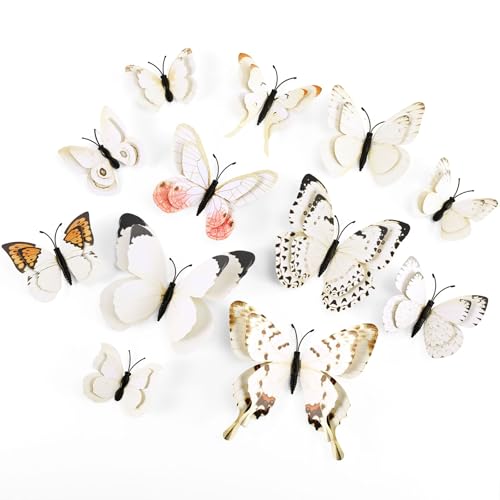 SAOROPEB 3D Butterfly Wall Decor, 24 Pcs Double Layer Butterfly Decorations for Party Decorations Locker Decor Refrigerator Decal, Reusable (White)