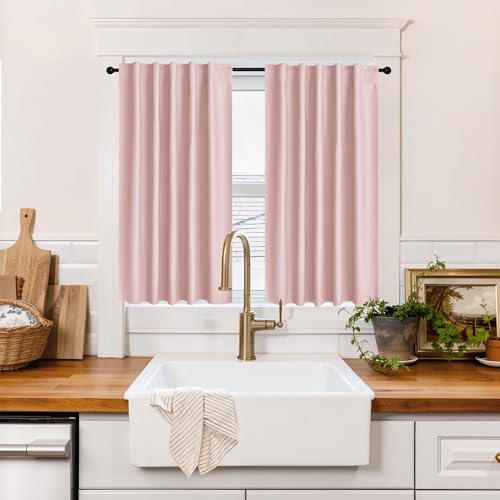 Image of RYB HOME 100% Blackout Basement Curtains 36 inches Long, Heat & UV Blocking Total Room Darkening Noise Reducing Back Tab Curtains for Bathroom RV Campers, Baby Pink, 2 Panels Set
