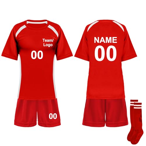 TOPTIE Custom Soccer Jersey, Unisex Soccer Shirt Sets, Soccer Uniform with Jersey, Shorts and Socks-Red-4T