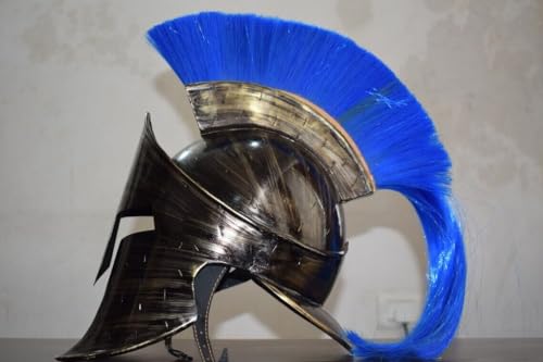Steel Spartan Helmet King Leonidas Greek 300 Roman Helmet with Blue Plume | Antique Finish Medieval Warrior for Cosplay LARP Halloween by Active Industries.