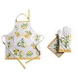 Maison d' Hermine Limoncello Bundle Set 100% Cotton Apron (27.50 Inch by 31.50 Inch) and Oven Mitt (7.5 Inch by 13 Inch)/Pot Holder (8 Inch by 8 Inch)