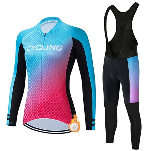 Maillot Ciclismo Mujer Invierno Ropa Bici MTB Conjunto Ciclista Polar Térmico,Traje Bicicleta Chaquetas Ciclo Manga Larga y Pantalones Tirantes con 19D Gel Acolchado,Completa de BTT Jerseys|15,S