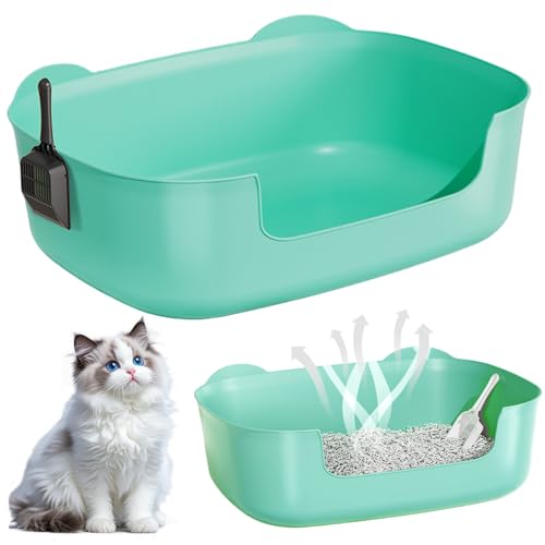 High Sided Litter Box 16x11x6 Splash-Proof Plastic Low Entry Litter Box with Shovel Cute Ear Shape Cat Toilet for All Breeds Kitten Rabbit