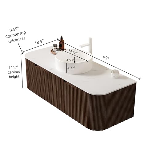 Image of KEIKI 48 inch Floating Bathroom Vanity with Sink, Modern Wall Vanity Cabinet with Curved Edge Design, 2 Soft-Close Drawers & White Ceramic Vessel Basin, Pre-Assembled Bathroom Vanity, Walnut
