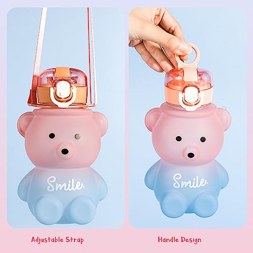 Fuyamp Kawaii Bear Water Bottle With Straw and Strap,800ml Cute Gradient Colorful Water Bottles Portable Leakproof BPA-free Drinking Cups for Kids Girls Women Sports Camping Picnic Hiking Travel - Image 3