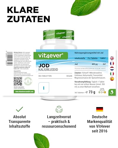 Jod 400µg - 365 Tabletten aus Kaliumjodid - Kalium Jodid für 1 Jahresvorrat - Ohne unnötige Zusätze - Hochdosiert - Vegan
