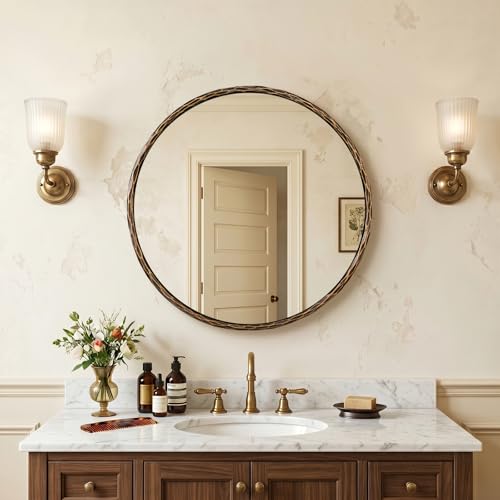 Image of ANDY STAR Hand-Forged Round Bathroom Mirror, 28 Inch Antique Oil Rubbed Bronze Hammered Circular Mirror, for Wall Decor, Entryway, Bedroom, Fireplace, Solid Steel Frame