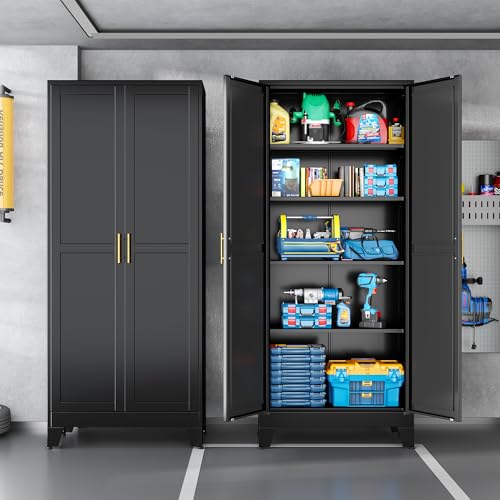 Image of Black Pantry Storage Cabinet,71 inch Kitchen Pantry with Doors and 4 Adjustable Shelves, Metal Storage Cabinet, for Office, Home, Garage, School