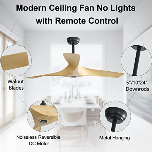 Rela Mall 52'' Ceiling Fan No Lights With Remote Control, Wood Ceiling Fans Noiseless Reversible Dc Motor, Modern Ceiling Fan For Kitchen Bedroom Living Room (Wood), 52 Inch (Kbs-52159) #TOP5