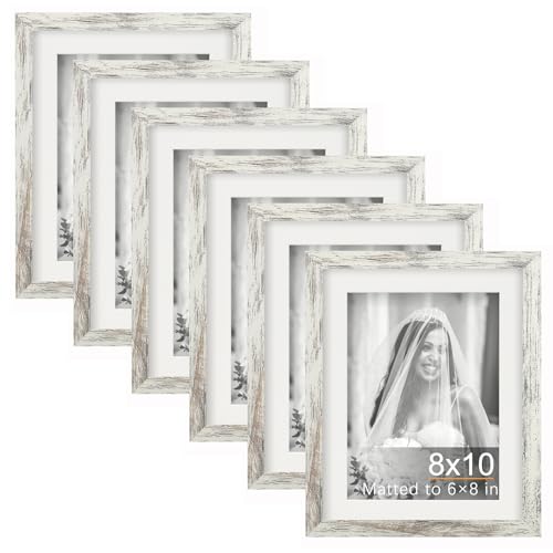 TOFOREVO 8x10 Picture Frames with 6x8 Mat Set of 6, Distressed White
