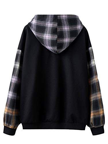 Verdusa Women's Spliced Plaid Long Sleeve Drawstring Hoodie Top Sweatshirt Plaid Black M #TOP3