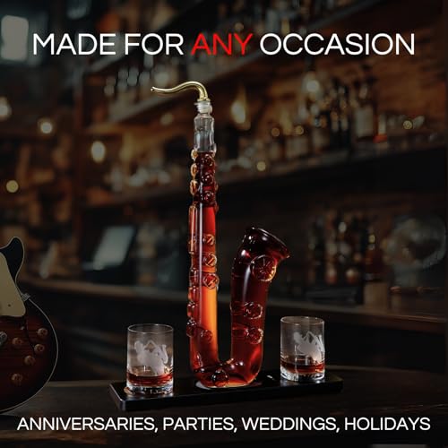 Saxophone Whiskey & Wine Decanter - 34 OZ Decanter Set with Two 10 Oz Whisky Glasses - Bourbon, Scotch, Liquor Gifts for Men, Dad, Father, Music Lover Gifts, Classical Instrument Room Home Décor
